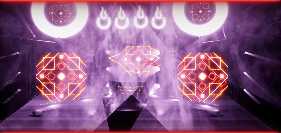 Wide frame from the BOMBTRAXX Twitch virtual stage with geometric screens, fog, and red lighting.